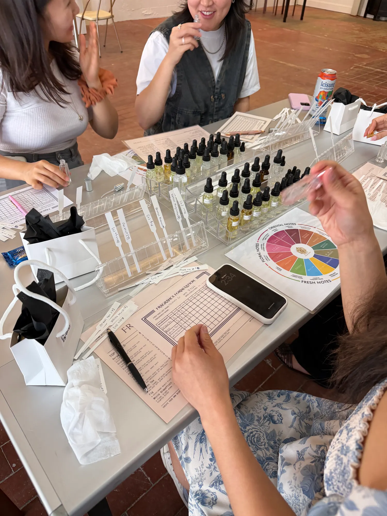Overhead view of workshop table with fragrance bottles and formula cards